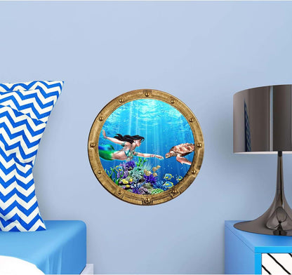 Stickit Graphix 12" Porthole 3D Wall Sticker, Mermaid & Sea Turtle