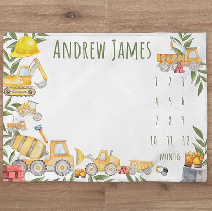 UnoCo Construction Truck Milestone Personalized Baby Blanket