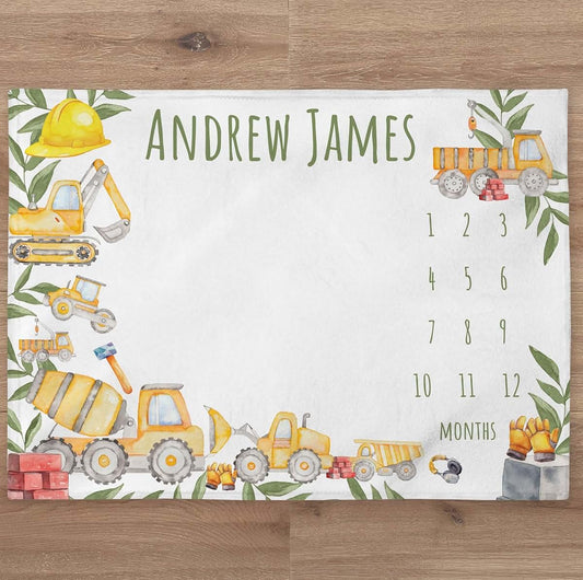 UnoCo Construction Truck Milestone Personalized Baby Blanket