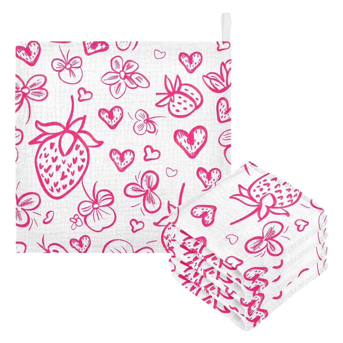 Yettasbin Strawberry Muslin Baby Washcloths, 4 Layers, 3 Pack