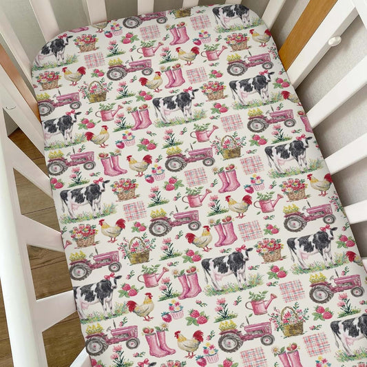 Selgkds Watercolor Pink Farm Animal Life Baby Crib Sheets for Girls Cow Chicken Tractor Flowers Soft Snug Fitted Crib