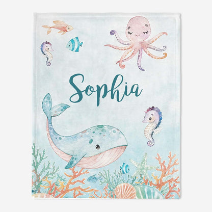 L&NG Personalized Baby Girl Fleece Blanket, Custom Name Ocean Animals Blanket, Cute Whale Octopus Seahorse Design Soft (photo 2)