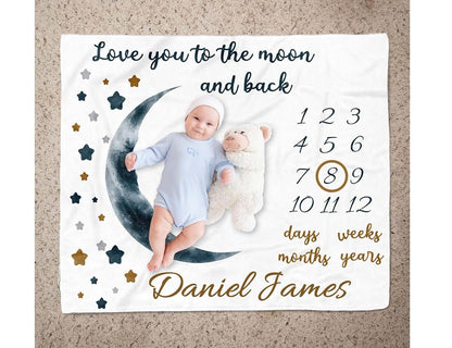 ZEBRA88 Personalized Month Milestone Baby Blanket, Moon & Stars Growth Tracker Quilt, Soft Sherpa Comforter for Infant (photo 2)