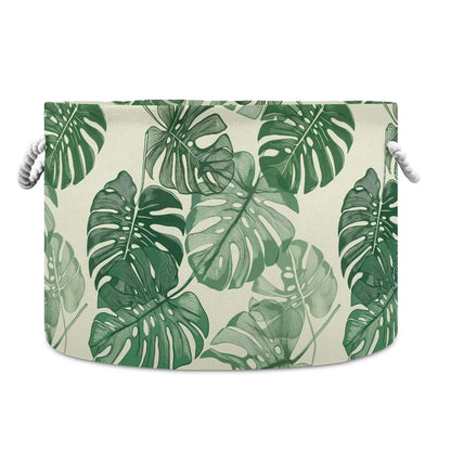 Burbuja Monstera Leaves Round Storage Basket With Cotton Rope Handles