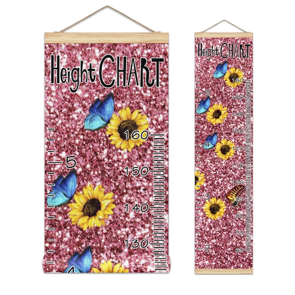 Growth Chart Pink Glitter Sunflowers Butterfly Measurement Banner for Kids Room Decor