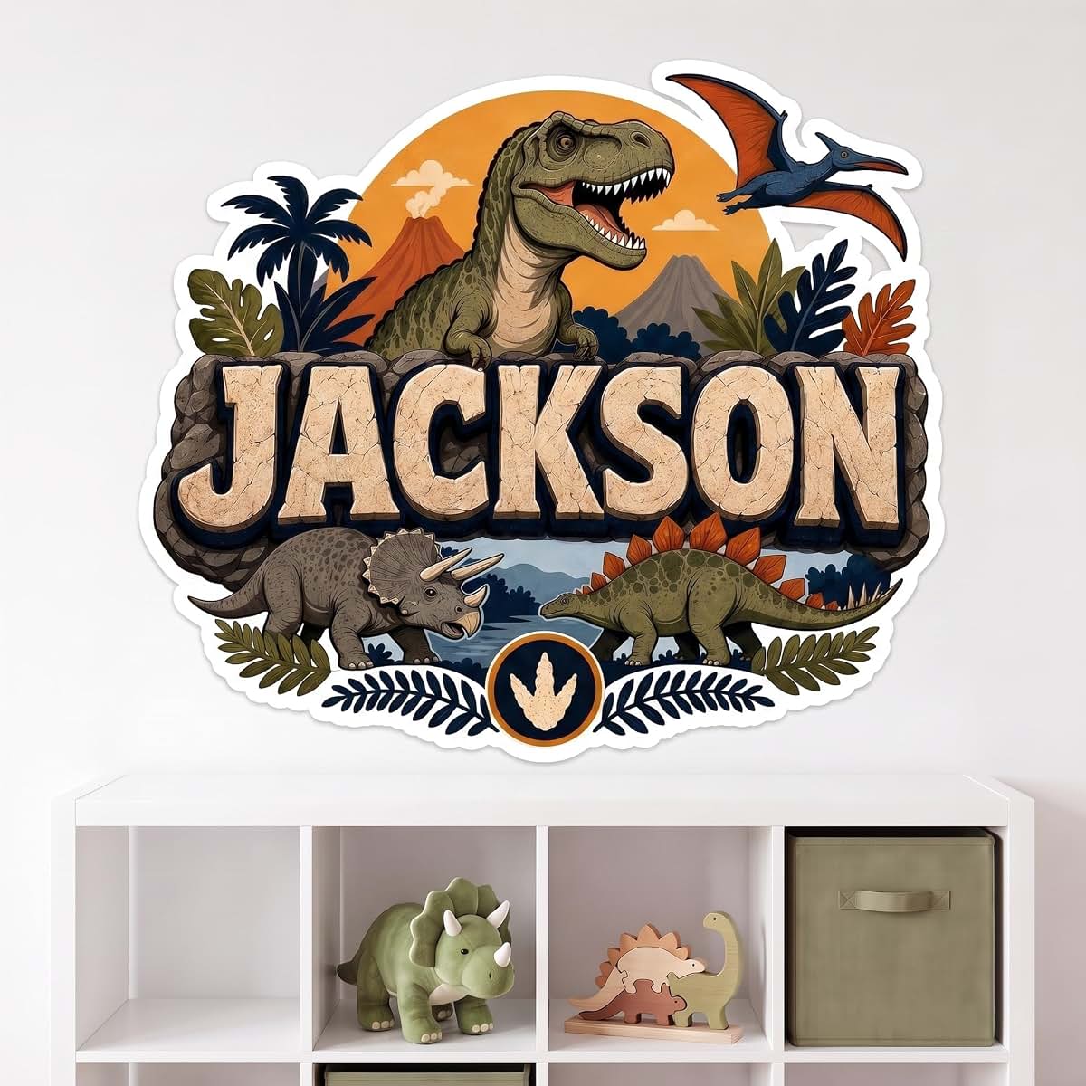 KemonoKing T Rex Stegosaurus Triceratops Vinyl Mural Name Art for Bedroom, Personalized Dinosaur Wall Decor with Custom