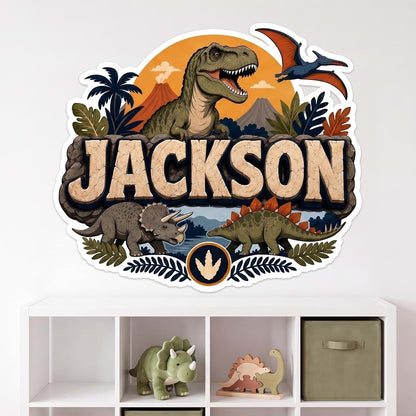 KemonoKing T Rex Stegosaurus Triceratops Vinyl Mural Name Art for Bedroom, Personalized Dinosaur Wall Decor with Custom
