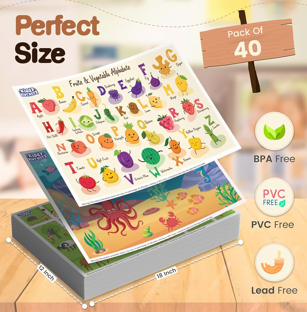 BabyOneStop 40 Pack Waterproof Disposable Baby Placemats - Aquarium, Alphabet and Zoo Theme
