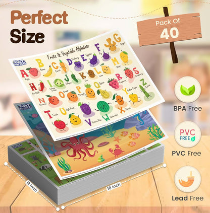 BabyOneStop 40 Pack Waterproof Disposable Baby Placemats - Aquarium, Alphabet and Zoo Theme