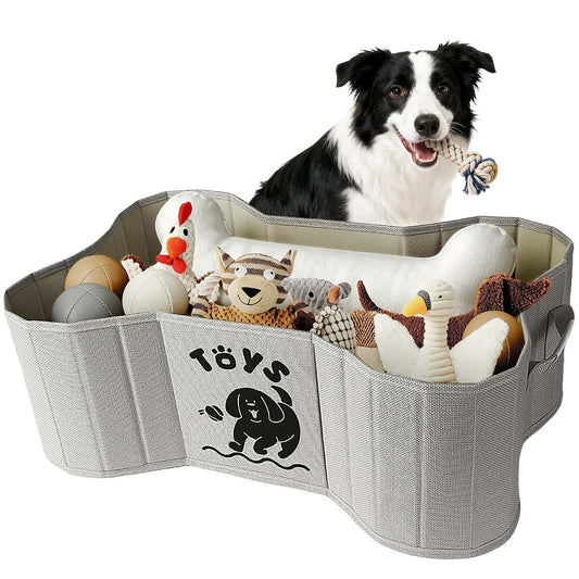 GreenPetopia 39L Dog Toy Basket, Collapsible Dog Bone Baskets for Toys, Dogs Storage Organizer with PU Handles, Pet