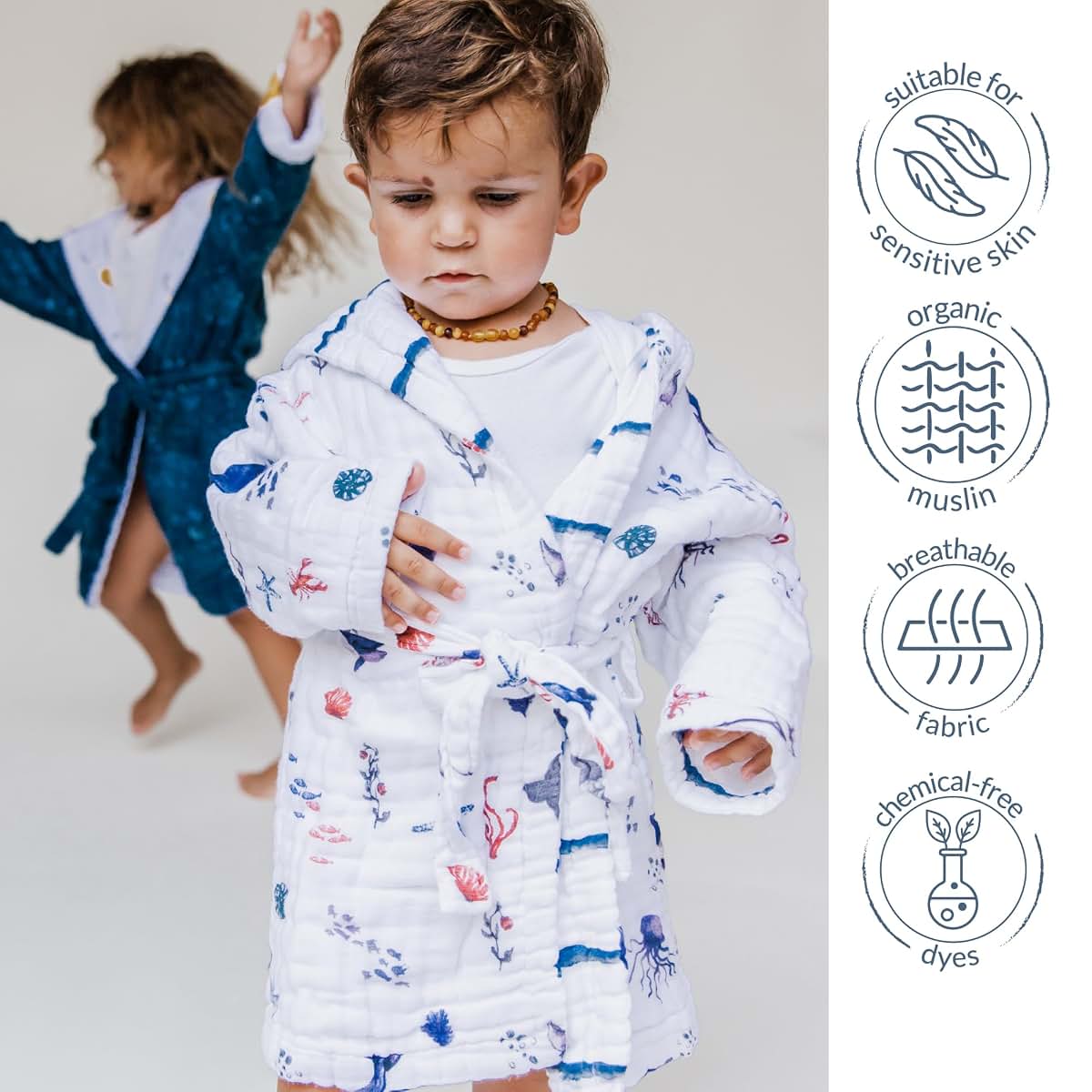 Malabar Baby Organic Cotton Muslin Wearable Hooded Towel, Bath, Pool & Beach Cover-up for Size 3-4 Years - Under The Sea (photo 3)