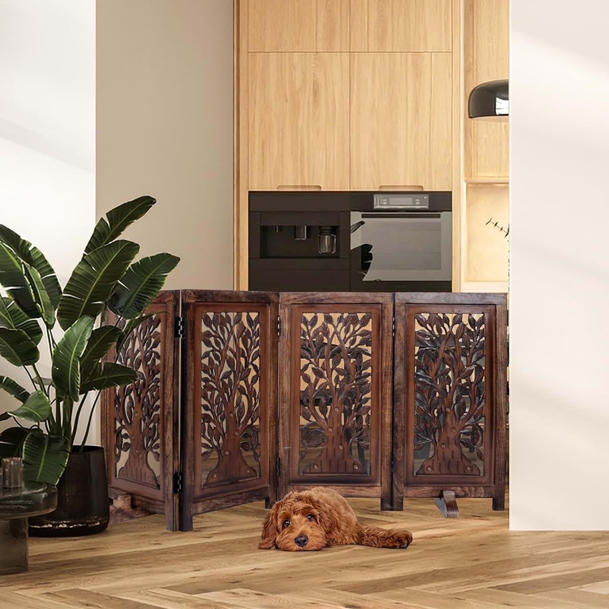 Woodify Dog Gate 4 Panel Free Standing Folding Pet Gate, 56x28 - Natural Burnt