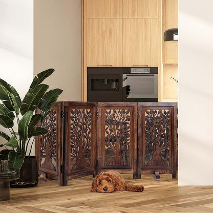 Woodify Dog Gate 4 Panel Free Standing Folding Pet Gate, 56x28 - Natural Burnt