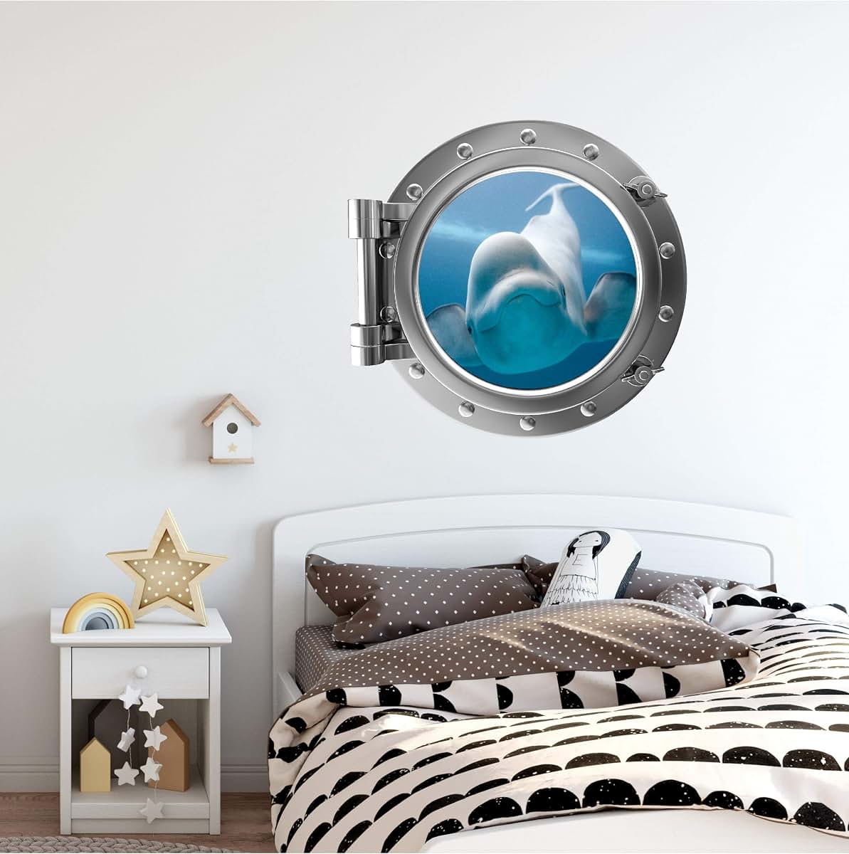 Stickit Graphix Port Scape Wall Decal Instant Sea Window View Beluga Whale 1 Silver Porthole Ocean Portal Wall Sticker