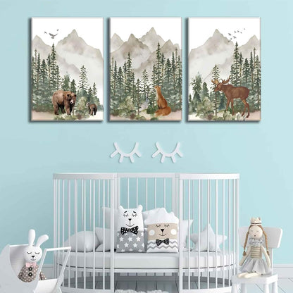 WSTUKVV 3Pcs Woodland Nursery Wall Art Framed Animal Canvas Prints