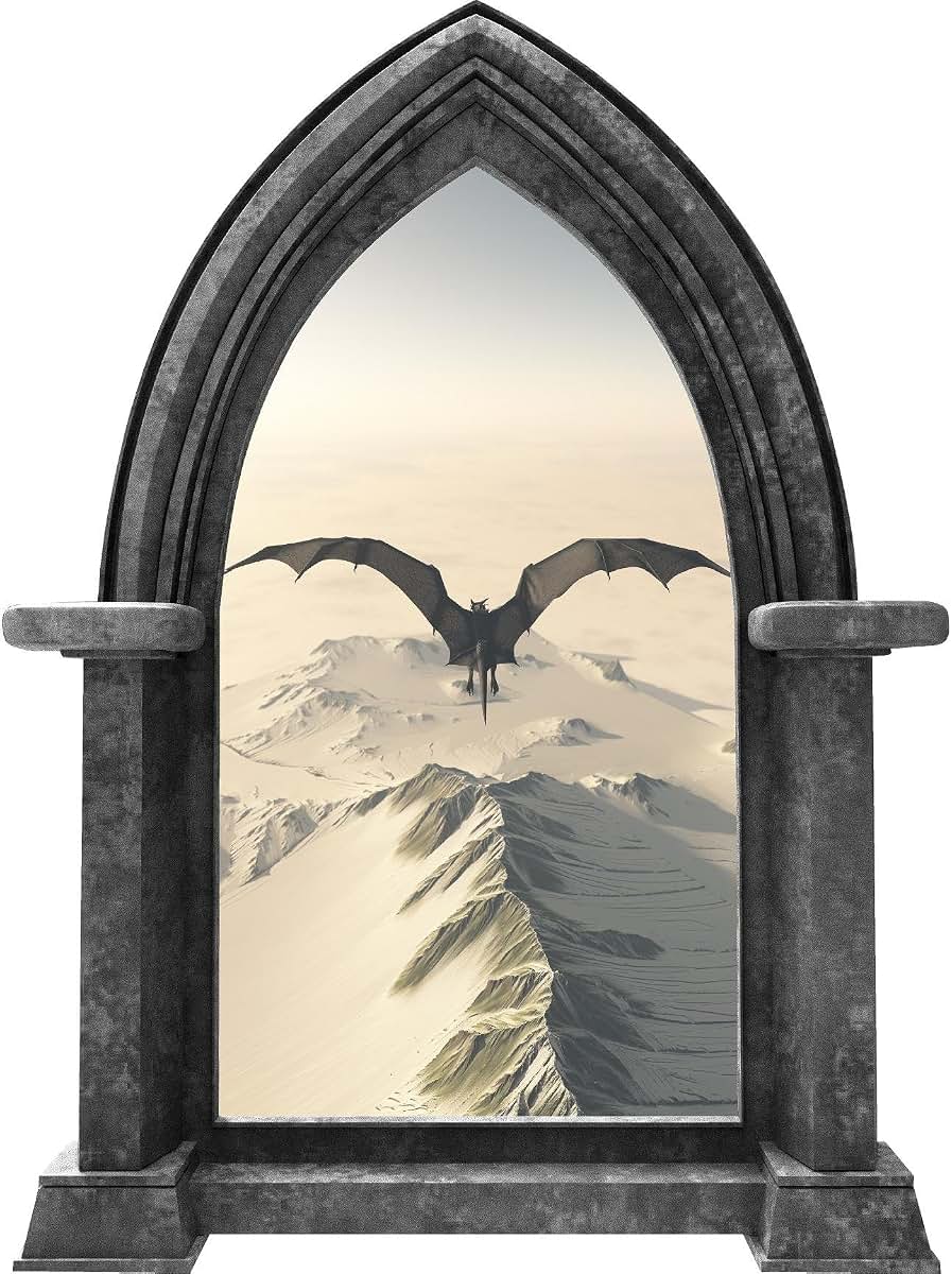 Stickit Graphix Castle Scape BLACK DRAGON 2 Granite Castle Window Wall Decal Fantasy Medieval Dragons Peel and Stick