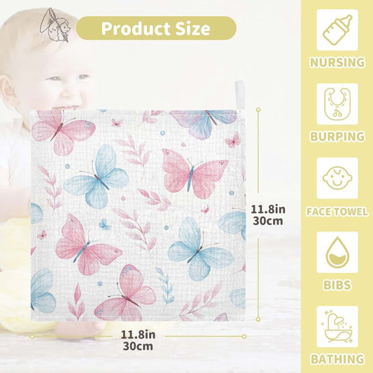 Burbuja Cute Butterflies Baby Washcloths - Soft Muslin Cotton 12x12 In 5 Pack