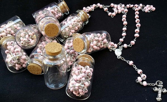 YRP 12 X Rosary Bottle Baptism Communion Favors - Pink/Silver