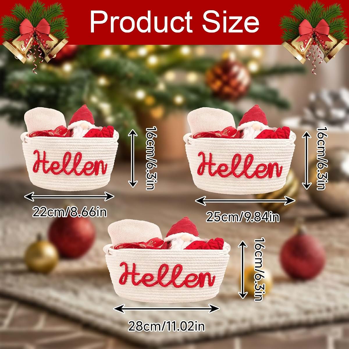 Sitycmt Personalized Christmas Basket with Name, Custom Woven Cotton Rope Baby Basket Organizer for Baby Toys, Storage (photo 2)