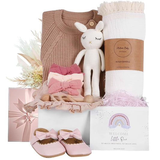 meloom Deluxe Baby Girl Gift Set, Newborn Baby Shower Gifts Basket, Newborn Gifts Box, Boho Baby Girl Essentials, Baby