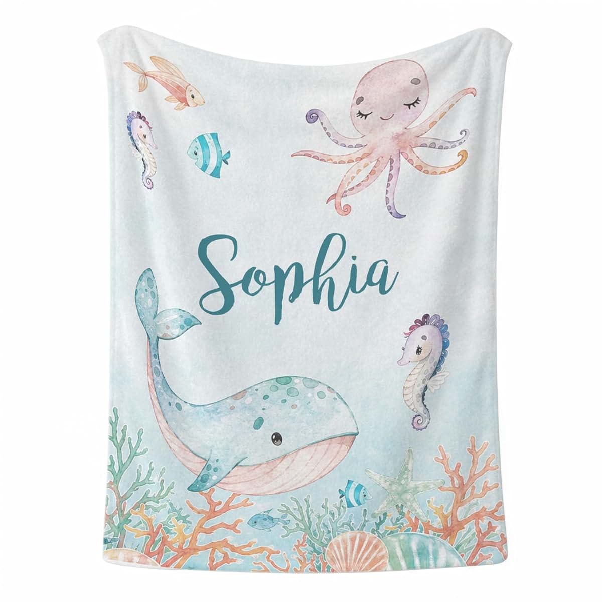 L&NG Personalized Baby Girl Fleece Blanket, Custom Name Ocean Animals Blanket, Cute Whale Octopus Seahorse Design Soft