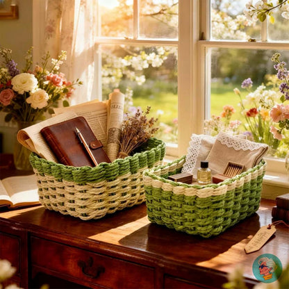 Modern Granny 2-Toned Recycled Paper Rope Storage Baskets Set of 3 Boho Organizer Bins