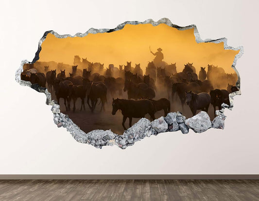 West Mountain Cowboy Wall Decal Art Decor 3D Smashed Farm Horses Sticker Poster Kids Room Mural Custom Gift BL1225