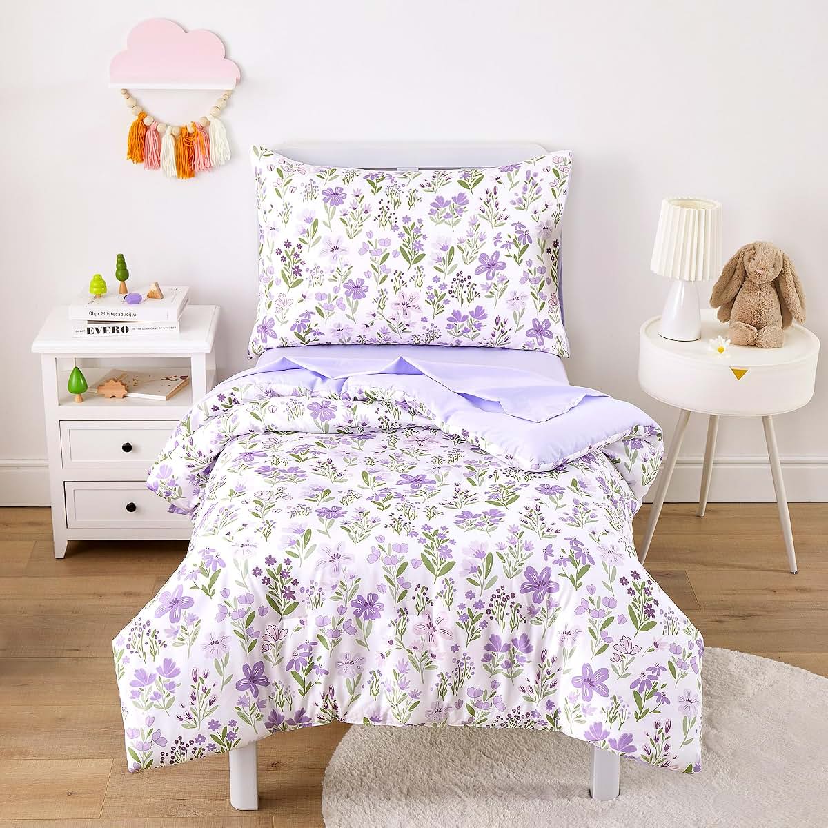 Wake In Cloud Floral Toddler Bedding Set 4 Piece Purple White