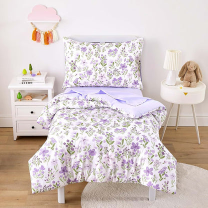 Wake In Cloud Floral Toddler Bedding Set 4 Piece Purple White
