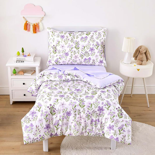 Wake In Cloud Floral Toddler Bedding Set 4 Piece Purple White