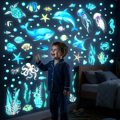 DECOWALL Glow In The Dark Ocean Animals Wall Stickers, 4 Vinyl Sheets, Peel And Stick Underwater Scene For Kids Rooms