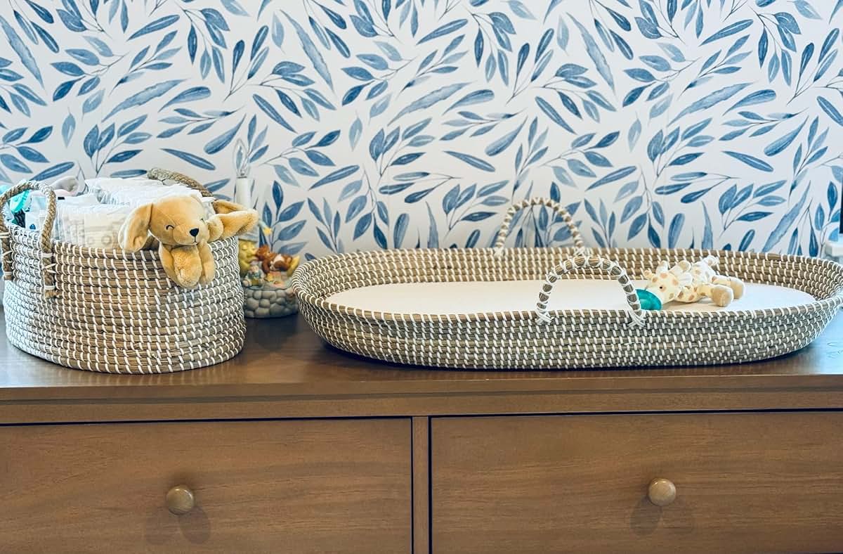 CeceliaClaire Seagrass Luxury Baby Changing Set With Pad And Diaper Caddy Organizer