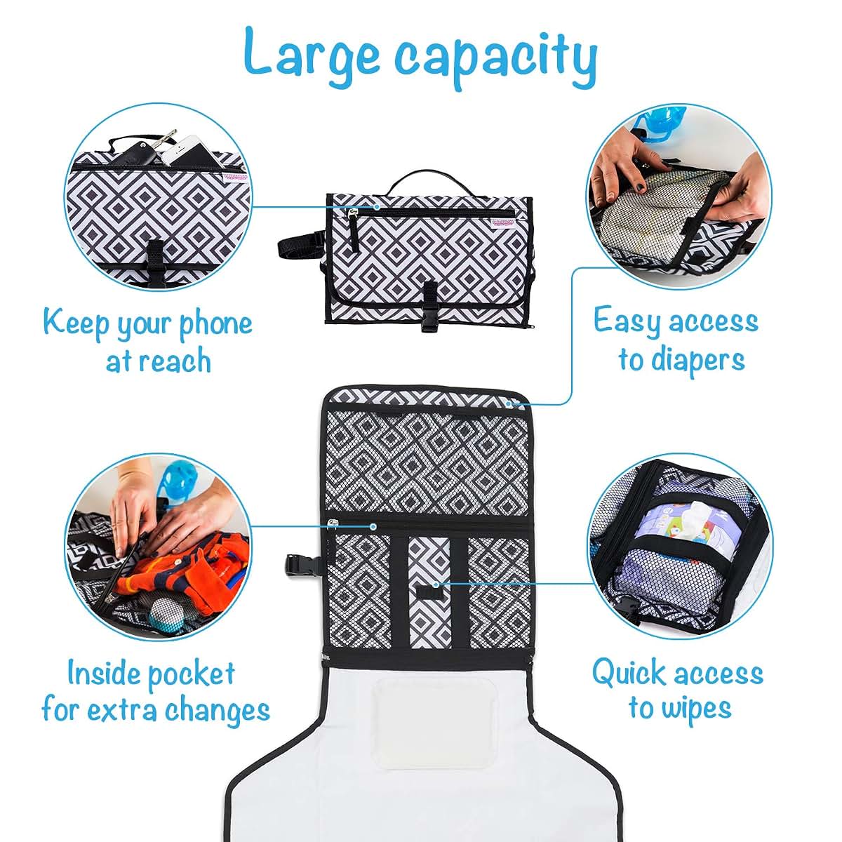 Portable Changing Pad with Head Pillow, Binky Case & Baby Cream Jar for Newborns