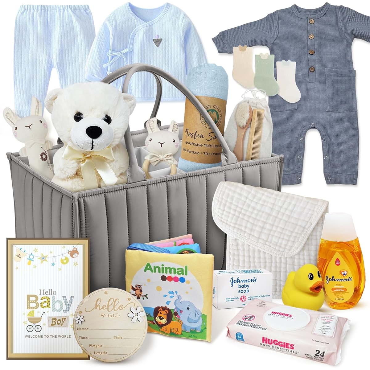 Beyond The Box New Baby Boy Gift Basket With Foldable Diaper Bag (photo 4)