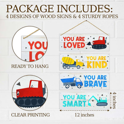 Dskly Construction Vehicles Wall Decor Signs, 4 Pack with Hemp Ropes