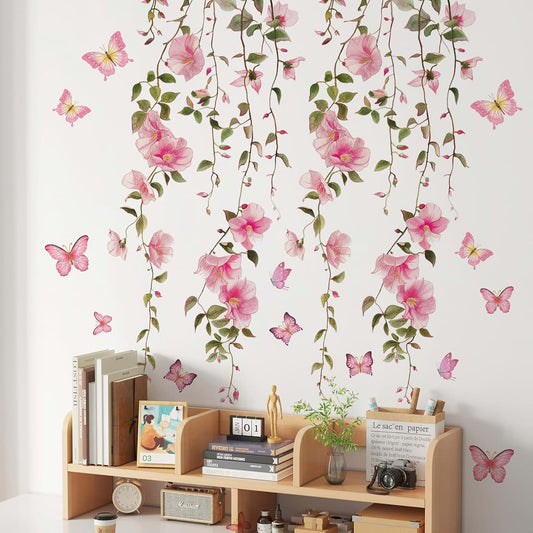 Drwssr Pink Flower Vine And Butterfly Wall Decals For Kids Rooms
