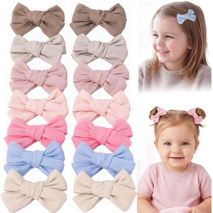 Needbrock 14-Piece Toddler Hair Bow Clips Set In Cotton Linen
