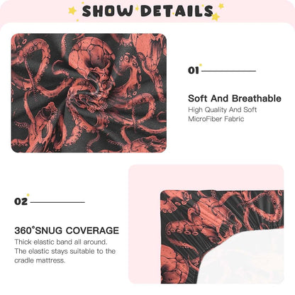 Umiriko Red Skull Octopus Fitted Crib Sheet 52x28x9in