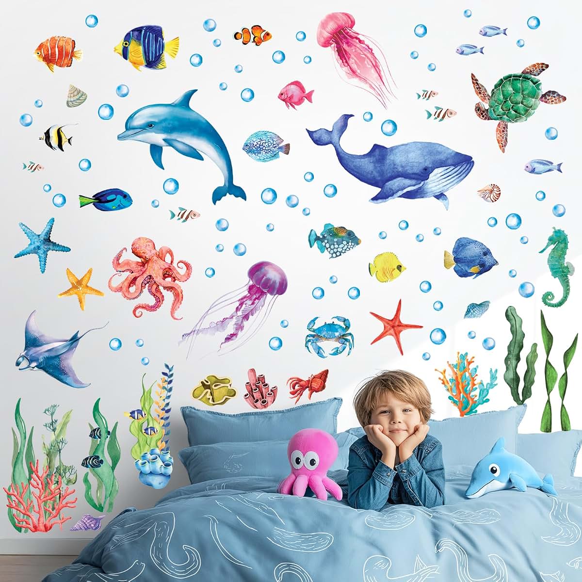 DECOWALL Glow In The Dark Ocean Animals Wall Stickers, 4 Vinyl Sheets, Peel And Stick Underwater Scene For Kids Rooms