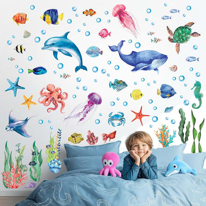 DECOWALL Glow In The Dark Ocean Animals Wall Stickers, 4 Vinyl Sheets, Peel And Stick Underwater Scene For Kids Rooms