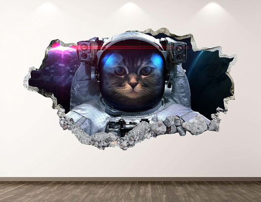 West Mountain Astronaut Cat Wall Decal Art Decor 3D Smashed Space Sticker Poster Kids Room Mural Custom Gift BL203