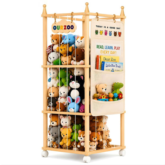 ZEXOO Stuffed Animal Storage Zoo with Wheels, Large Wooden Plush Toy Organizer Tower