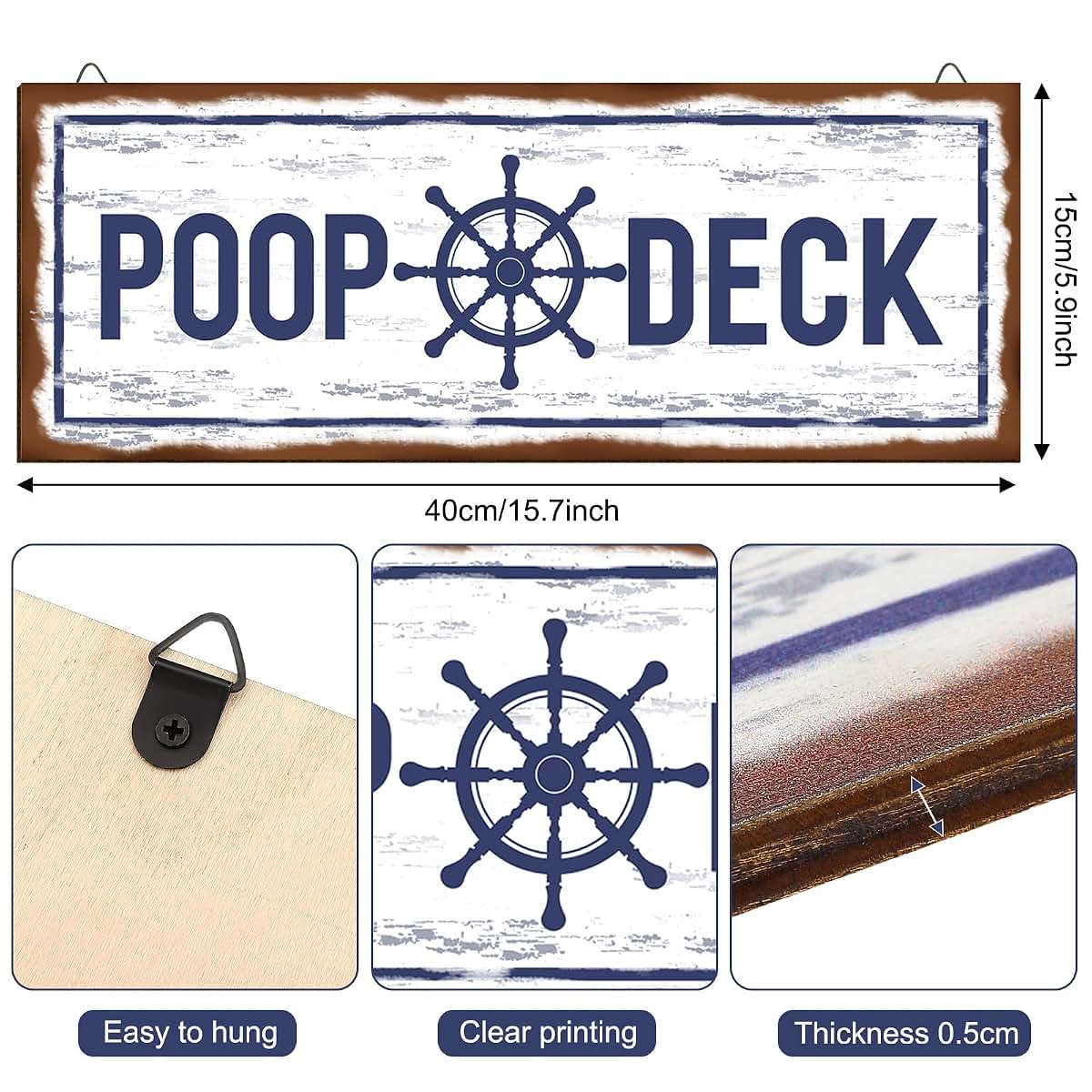 Jetec Poop Deck Nautical Bathroom Wall Decor Wood Hanging Sign, 15.7 x 5.9 Inch