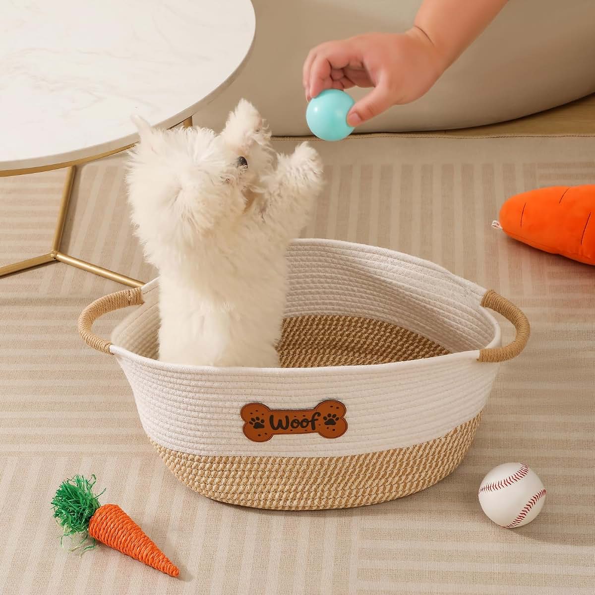 Tidelit Woven Cotton Rope Pet Toy Basket, Yellow Woof