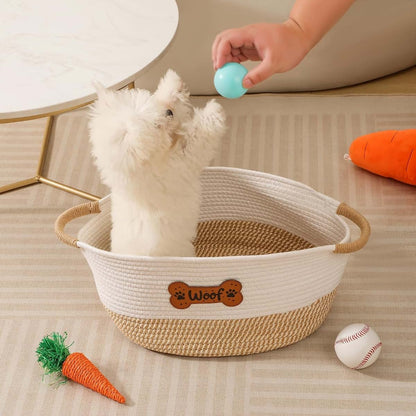 Tidelit Woven Cotton Rope Pet Toy Basket, Yellow Woof