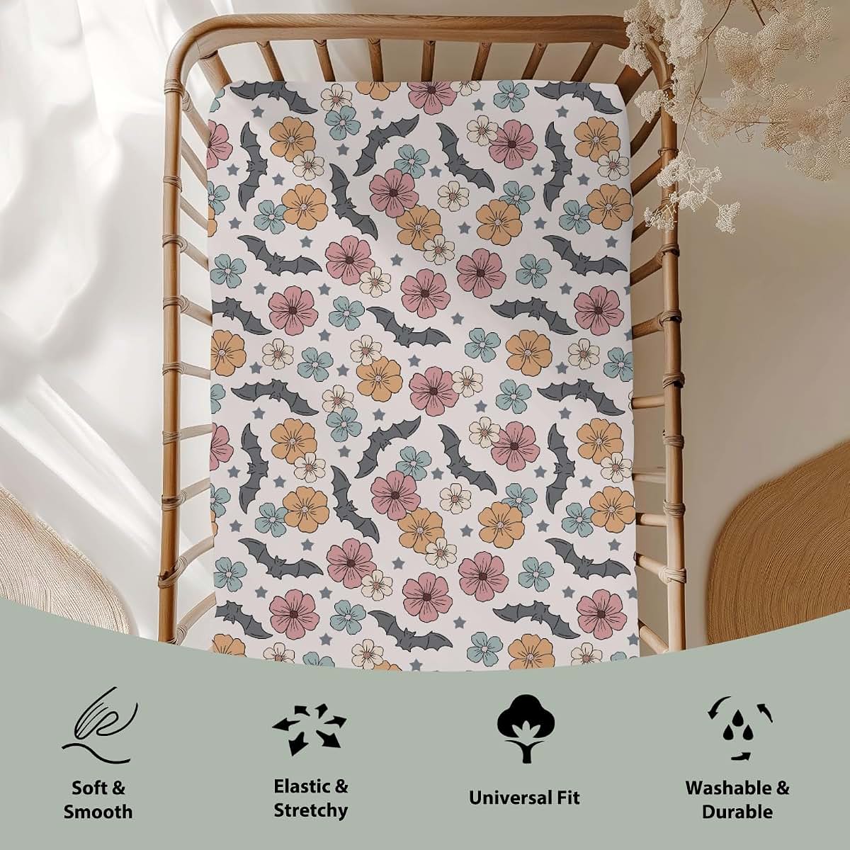 Boho Floral Bats Fitted Crib Sheets for Standard & Toddler Mattresses