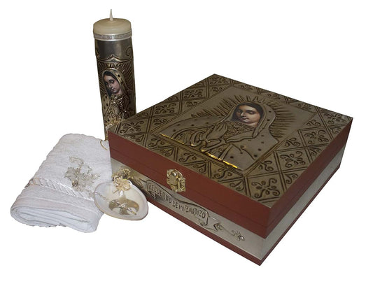 San Rafael Arcangel Premium Virgin of Guadalupe Baptism Kit - Includes Candle, Towel, Shell, Rosary - Catholic