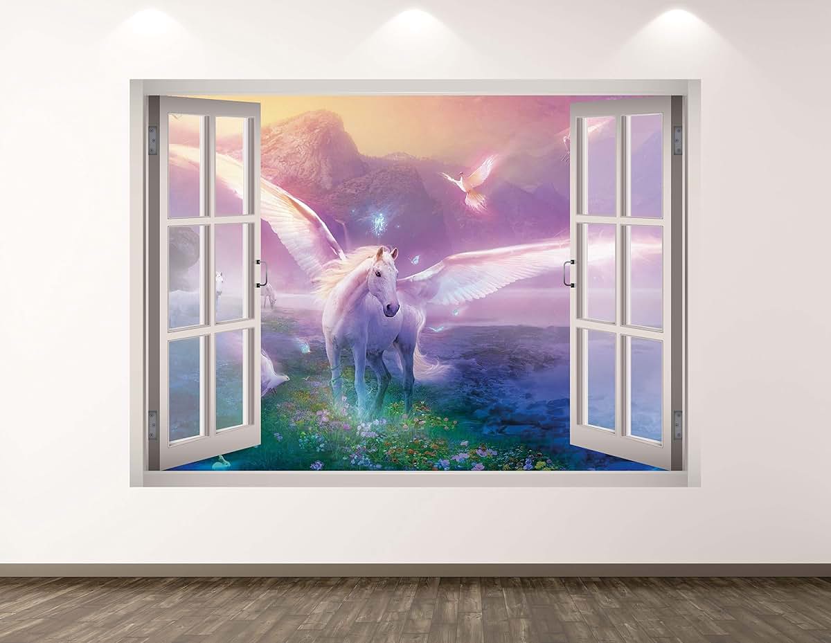 West Mountain Unicorn Wall Decal Art Decor 3D Window Mythical Sticker Mural Kids Room Custom Gift BL30 (50"W x 36"H)