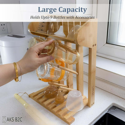 AKS B2C Bamboo Baby Bottle Drying Rack, 9 Bottle Capacity, Vertical Countertop Organizer with Cleaning Brush