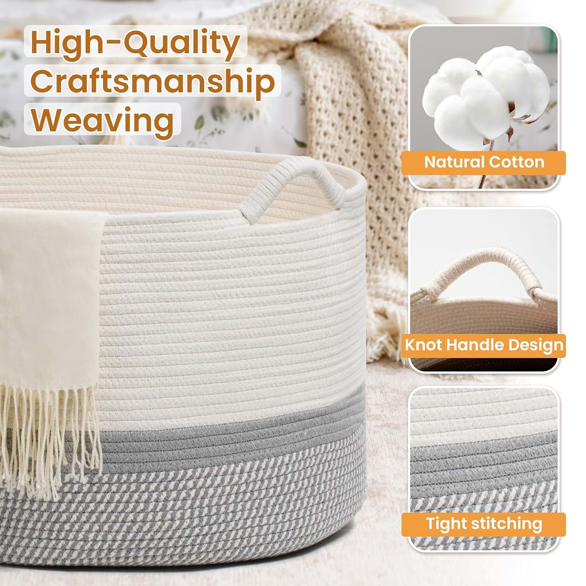 Craftizon Large Woven Cotton Rope Storage Basket with Handles - Modern Round Laundry Hamper & Blanket Organizer for (photo 2)